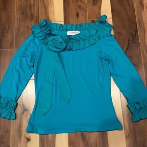 Teal Ruffle-Neck Long-Sleeve Blouse